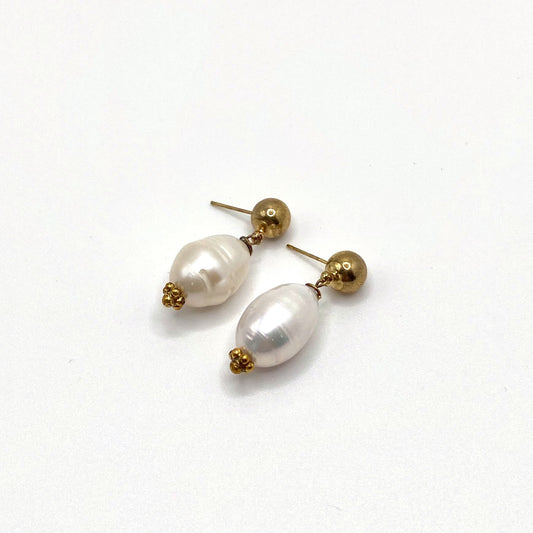 LEROS SUN, Round Freshwater Pearl & Gold Drop Earrings, handmade by KOUKLA