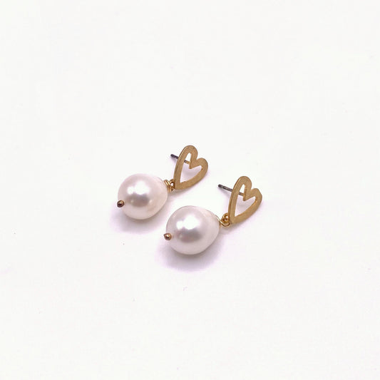 AMORGOS ROUND, Gold Heart & Round Pearl Earrings, handmade by KOUKLA