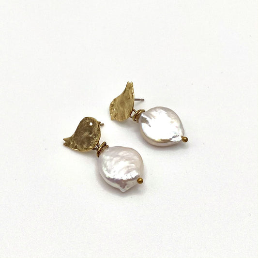 SKOPELOS DOVE, Gold Bird & Flat Pearl Drop Earrings, handmade by KOUKLA