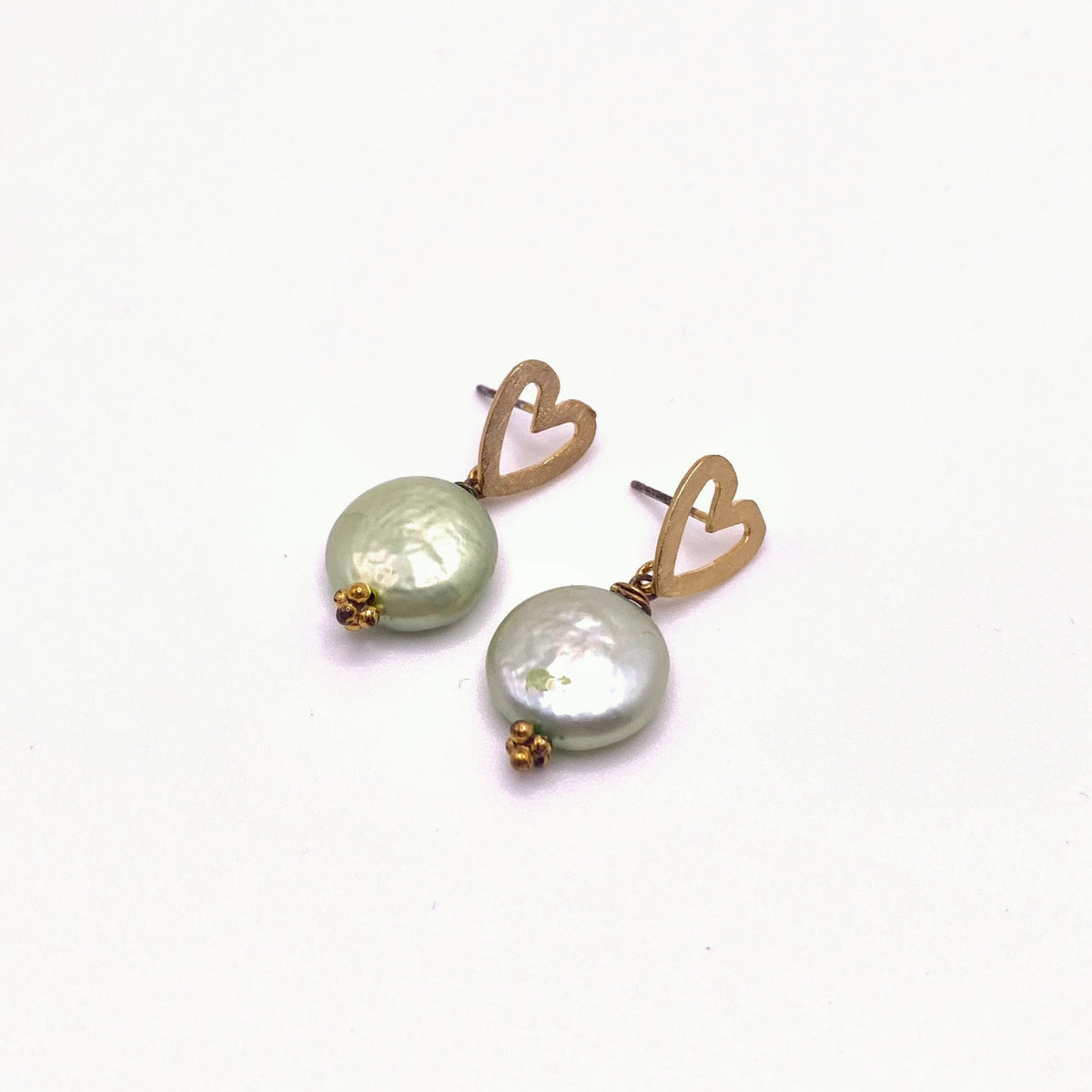 AMORGOS SAGE, Gold Heart & Sage Pearl Earrings, handmade by KOUKLA