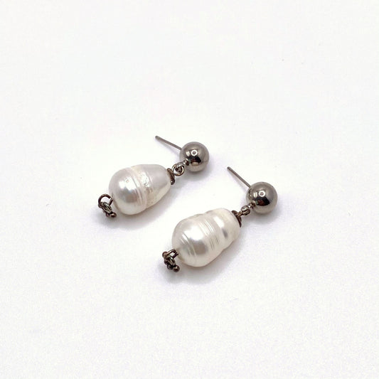 LEROS SILVER, Round Freshwater Pearl & Silver Drop Earrings, handmade by KOUKLA
