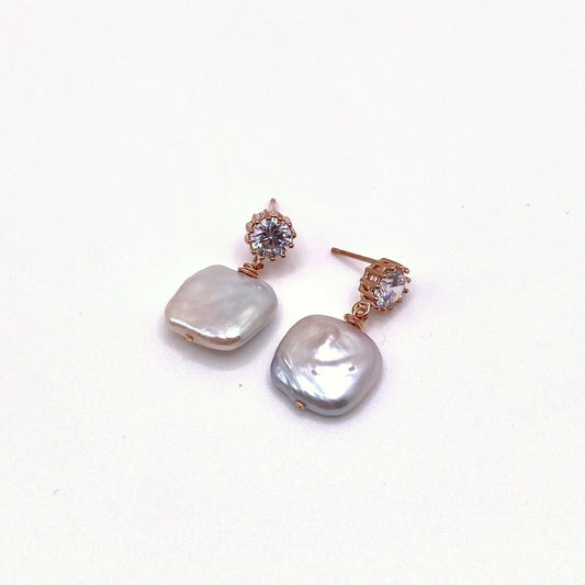 PATMOS IVORY, Crystal Post & Square Pearl Earrings, handmade by KOUKLA