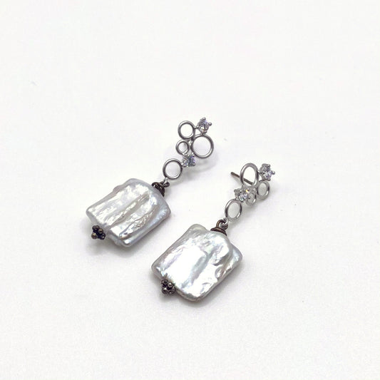 LEROS BUBBLE, Silver & Square Pearl Drop Earrings, handmade by KOUKLA