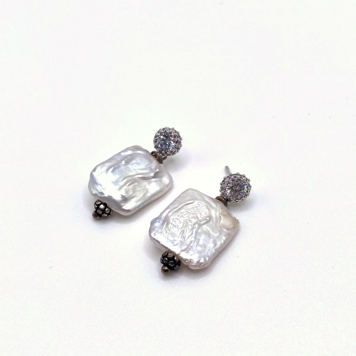 PATMOS SILVER, Silver Crystal & Square Pearl Drop Earrings, handmade by KOUKLA