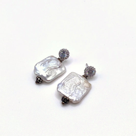 PATMOS SILVER, Silver Crystal & Square Pearl Drop Earrings, handmade by KOUKLA