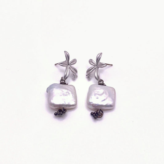 SERIFOS FROST, Silver Flower & Square Pearl Earrings, handmade by KOUKLA