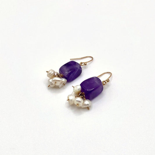 CHIOS PURPLE, Purple Stone & Pearl Drop Earrings, handmade by KOUKLA