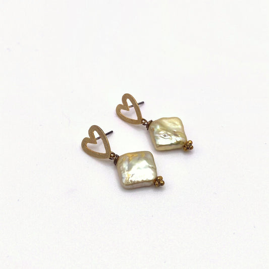 AMORGOS MOSS, Gold Heart & Square Sage Pearl Earrings, handmade by KOUKLA