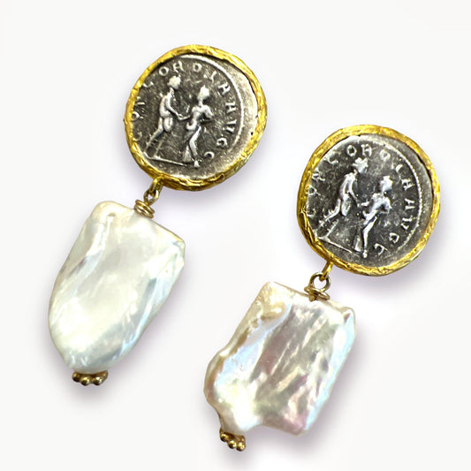 DELPHI FRIENDS, Coin & Baroque Pearl Statement Earrings, handmade by KOUKLA