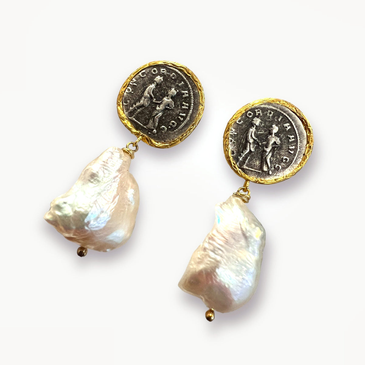 DELPHI ELDER, Old Coin & Baroque Pearl Statement Earrings, handmade by KOUKLA