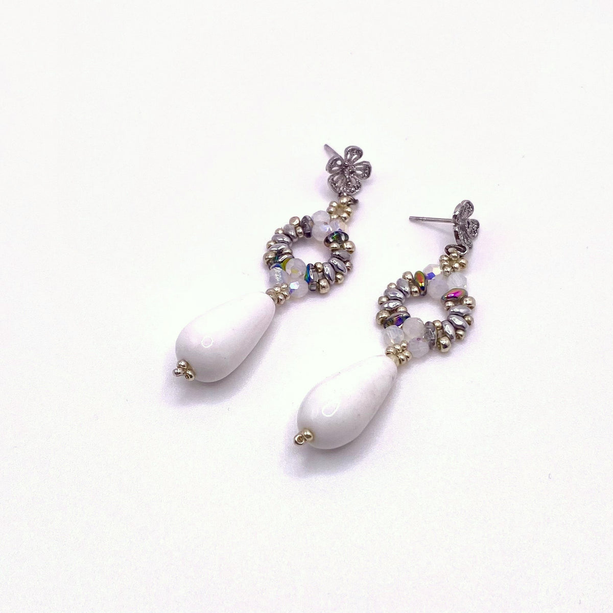 SYROS SNOW, White & Silver Beaded Flower Drop Earrings, handmade by KOUKLA