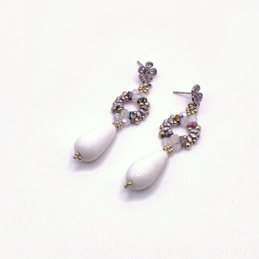 SYROS SNOW, White & Silver Beaded Flower Drop Earrings, handmade by KOUKLA