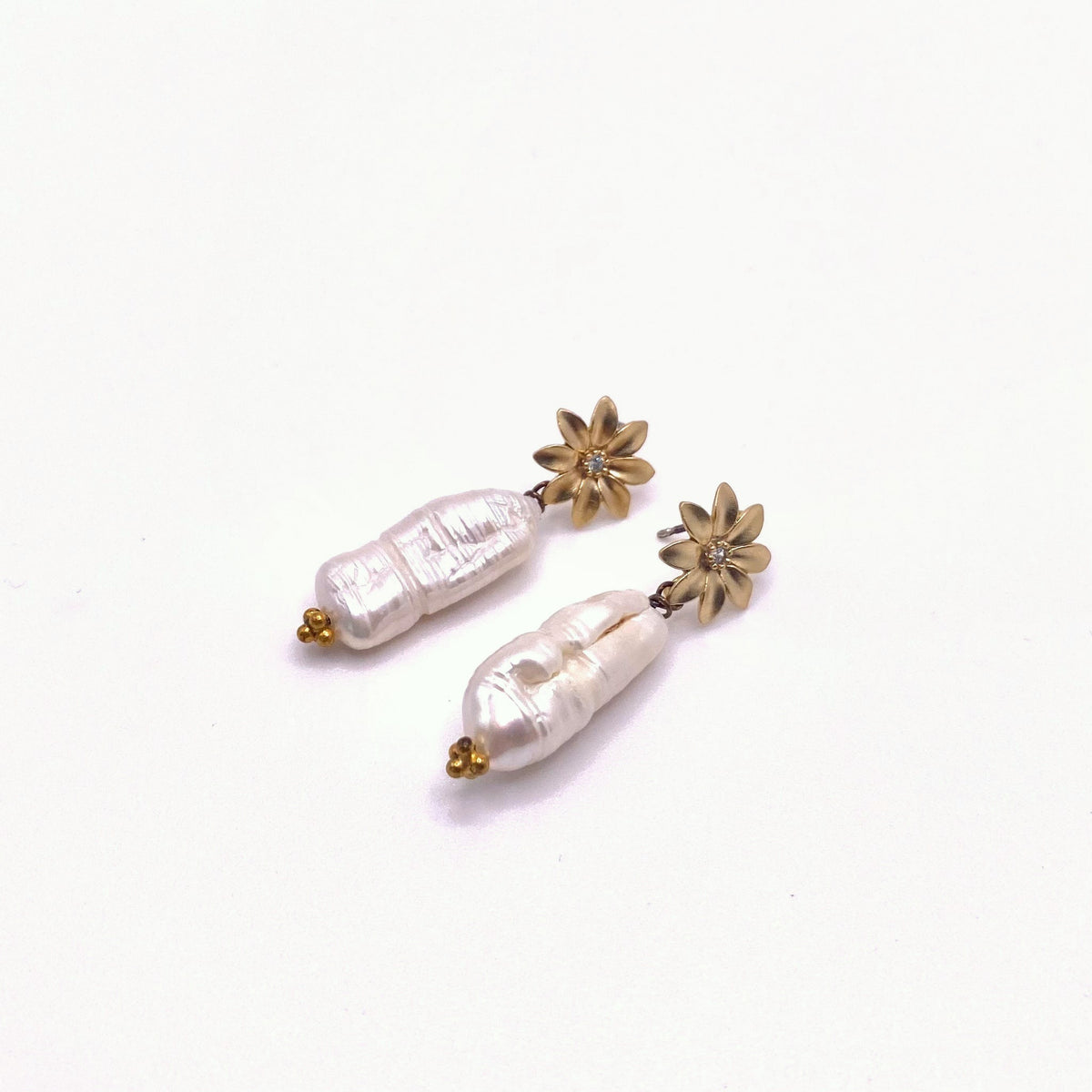 DELOS LILY, Gold Flower & Long Pearl Earrings, handmade by KOUKLA