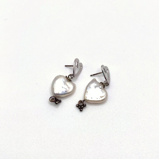 AMORGOS LOVE, Freshwater Pearl Heart & Gold Earrings, handmade by KOUKLA
