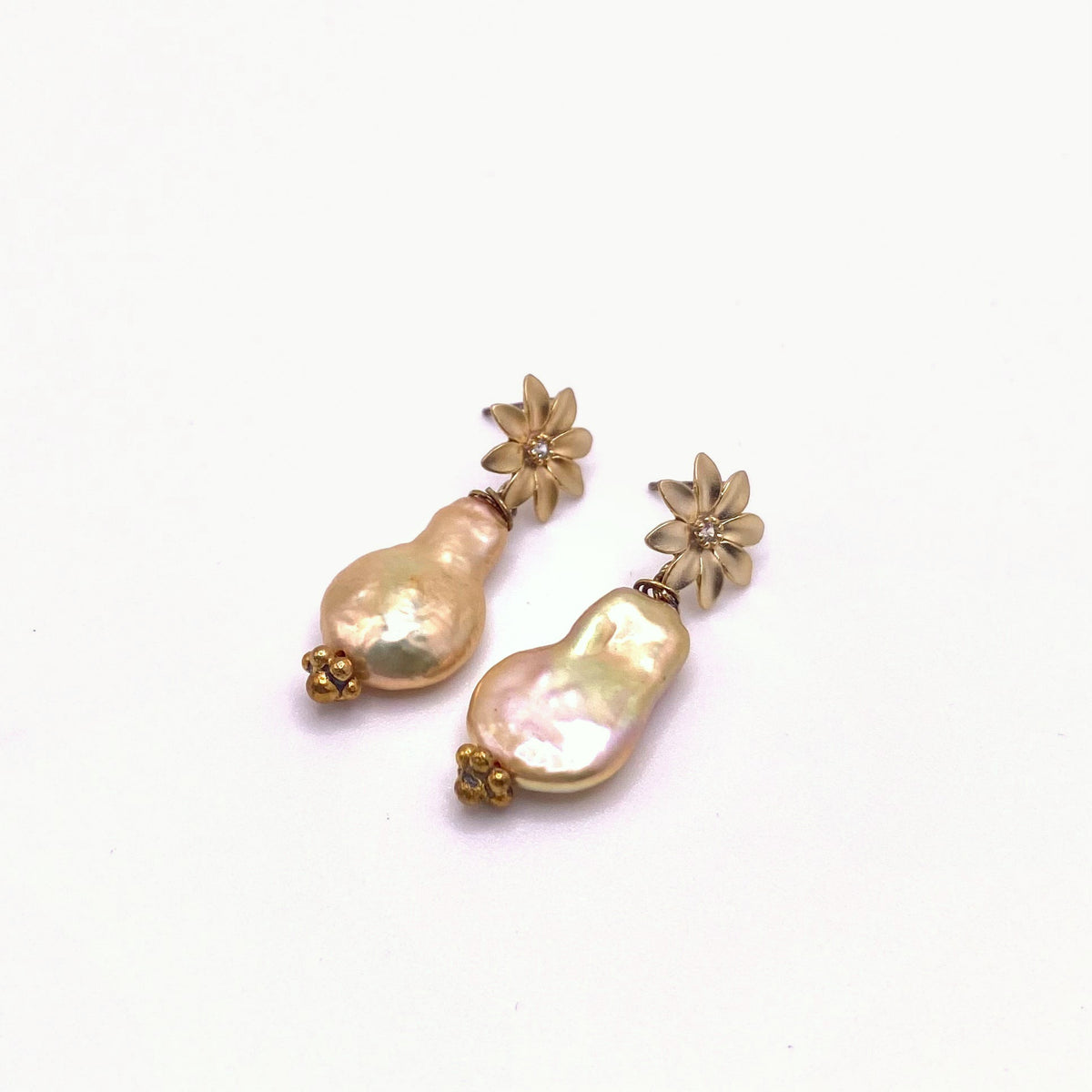 Beige Pearl Gold Flower Drop Earrings, handmade by KouklaDesigns