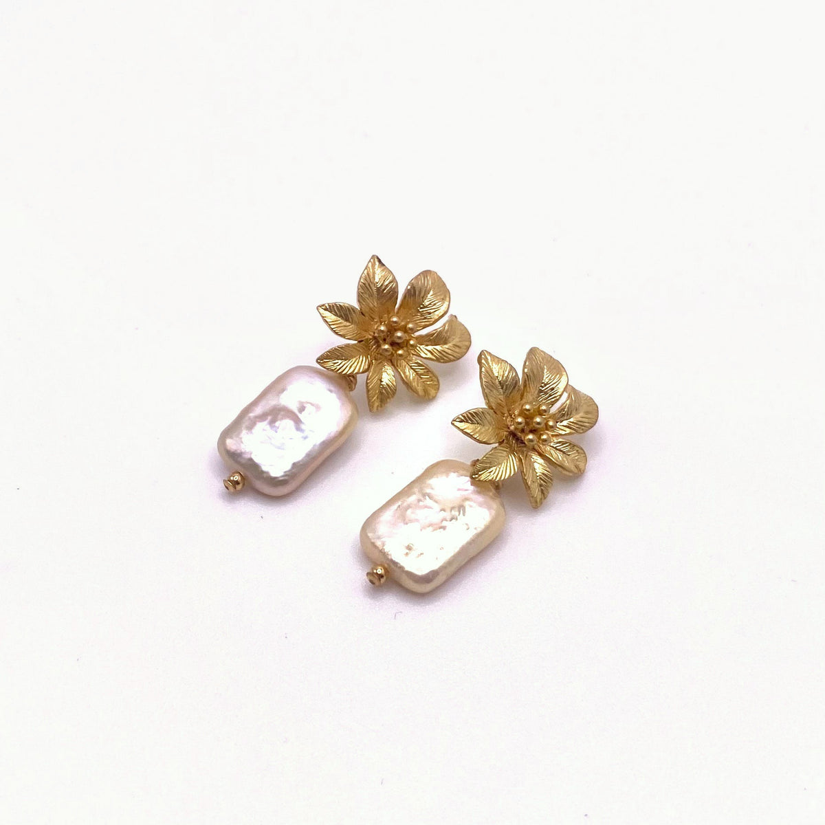 Beige Pearl Gold Flower Earrings, handmade by KouklaDesigns