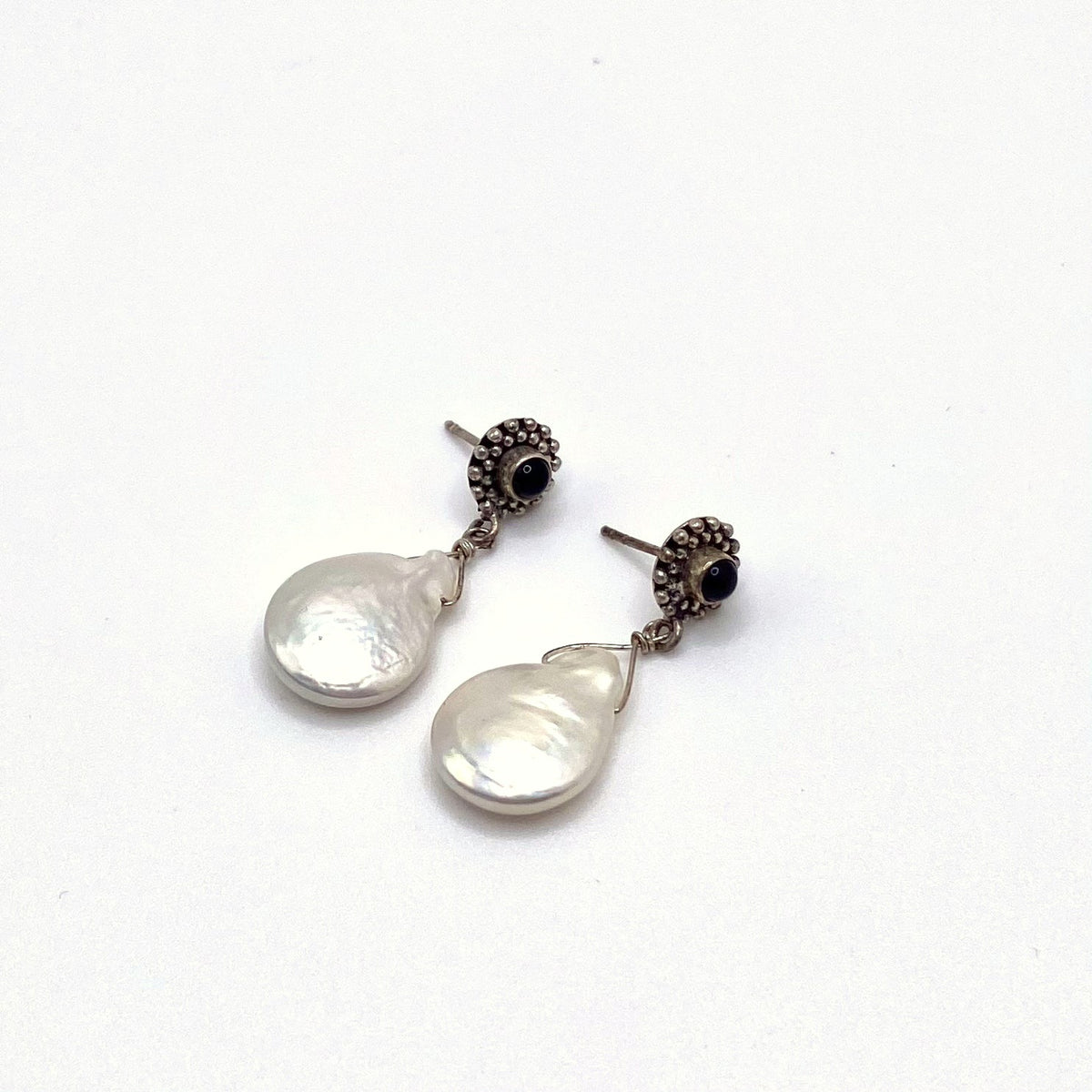 Black Detailed Pearl Drop Earrings, handmade by KouklaDesigns