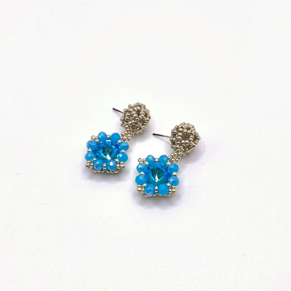 Blue & Silver Flower Drop Earrings, handmade by KouklaDesigns