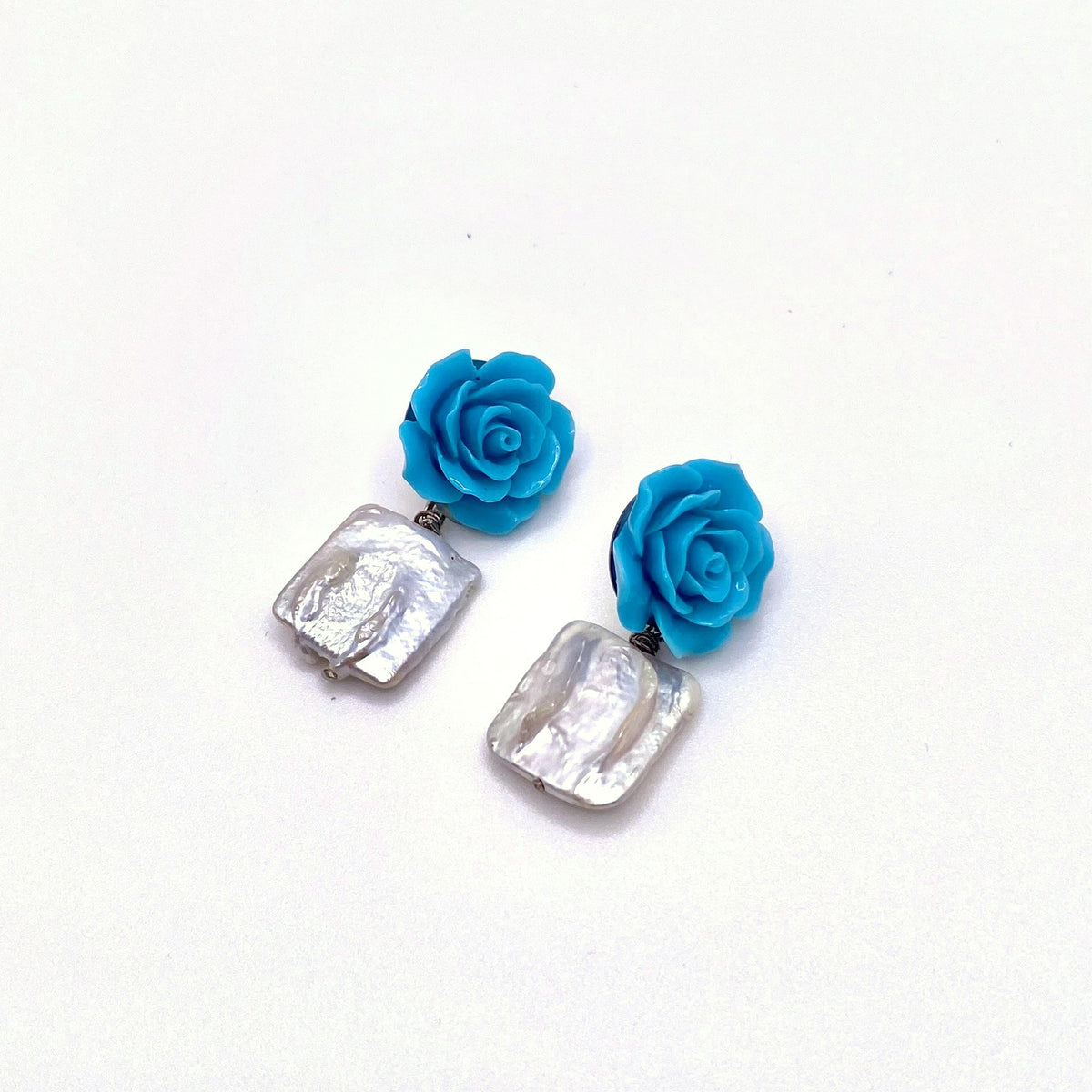 Blue Rose Square Pearl Earrings, handmade by KouklaDesigns