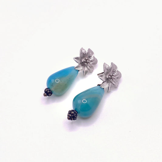 Blue Silver Flower Earrings, handmade by KouklaDesigns
