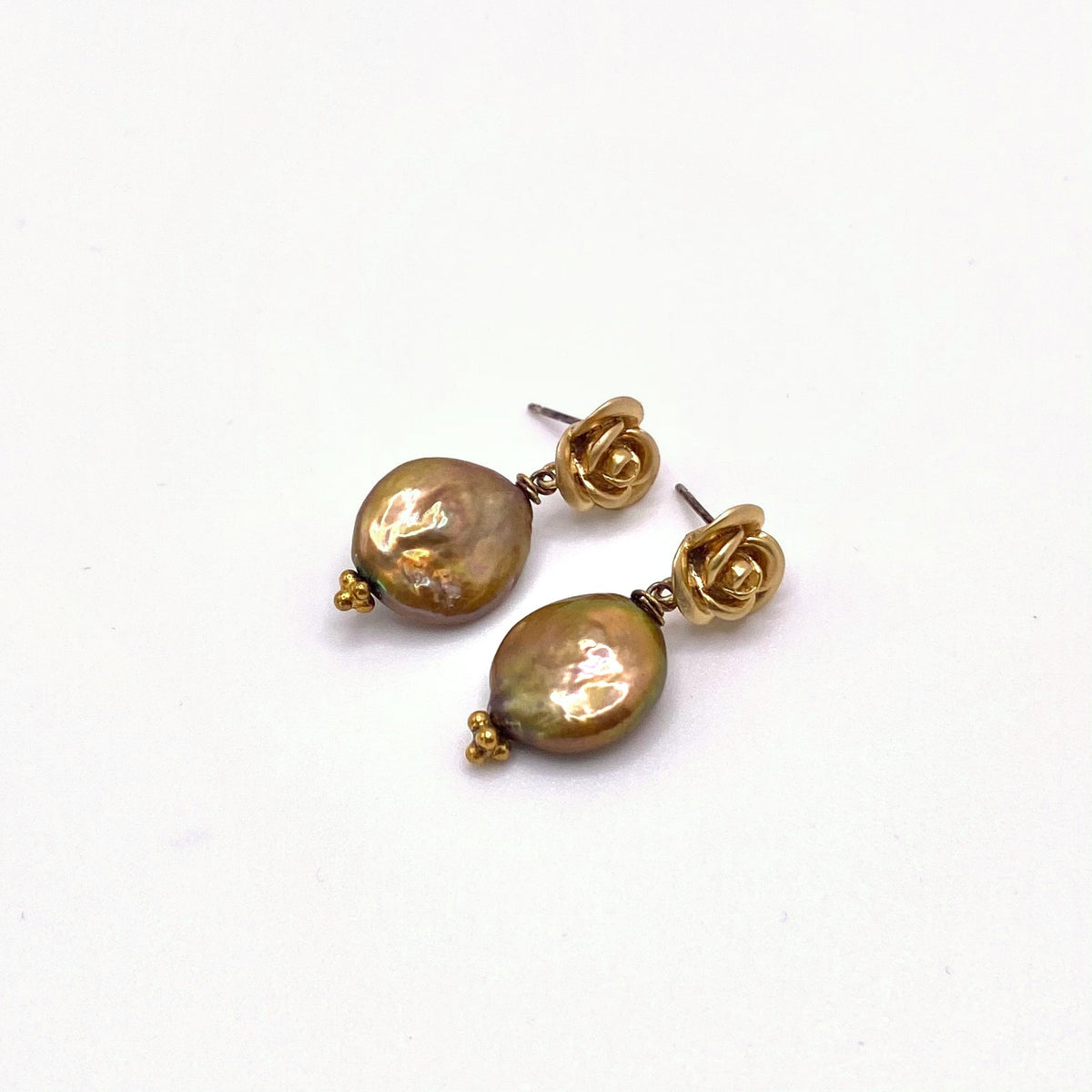 Brown Pearl with Gold Rose Earrings, handmade by KouklaDesigns