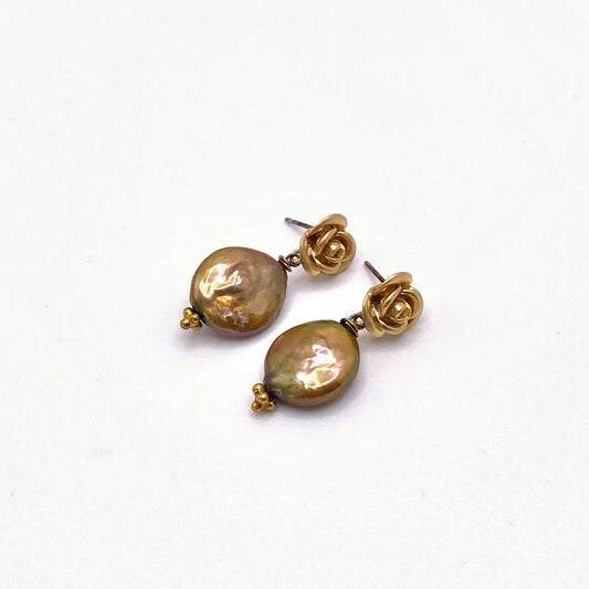 Brown Pearl with Gold Rose Earrings, handmade by KouklaDesigns