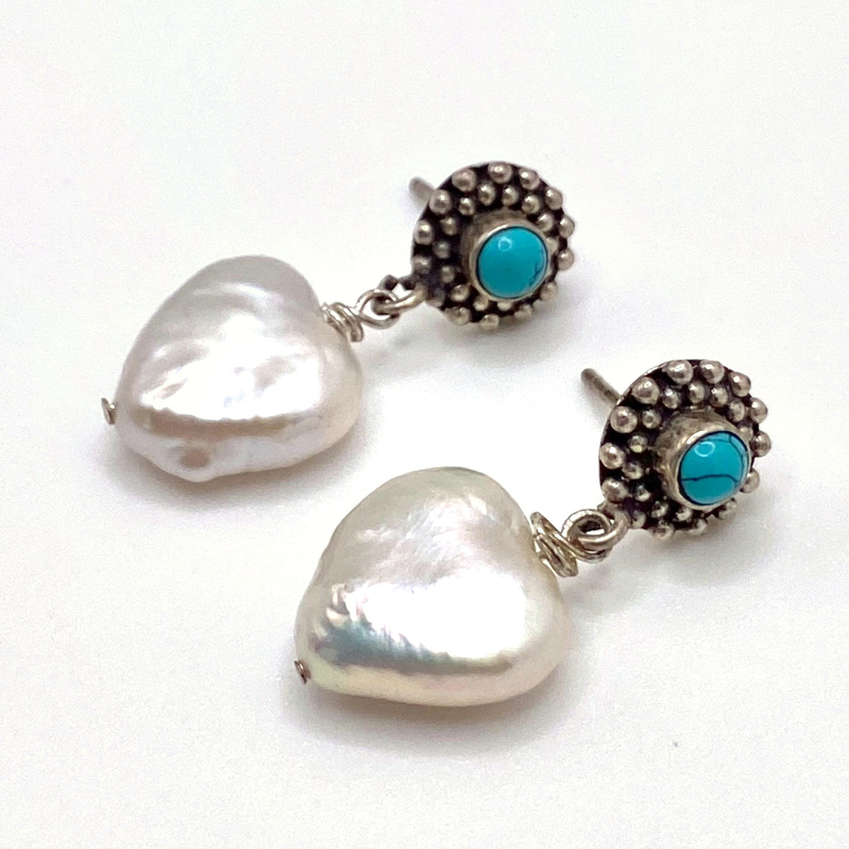 Pearl Heart with Blue Detail Earrings, handmade by KouklaDesigns