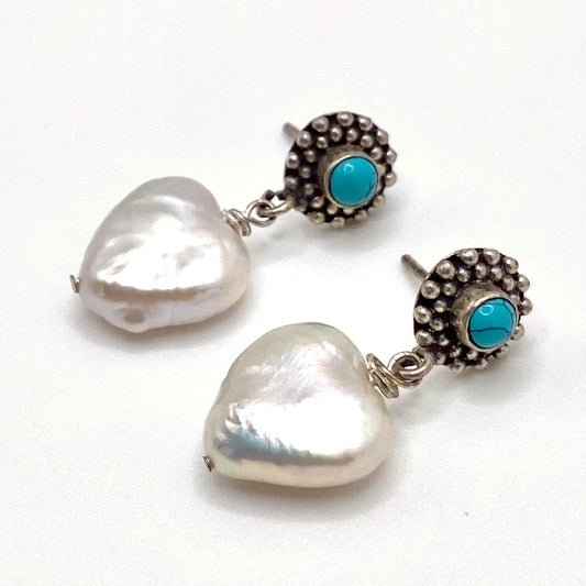 Pearl Heart with Blue Detail Earrings, handmade by KouklaDesigns