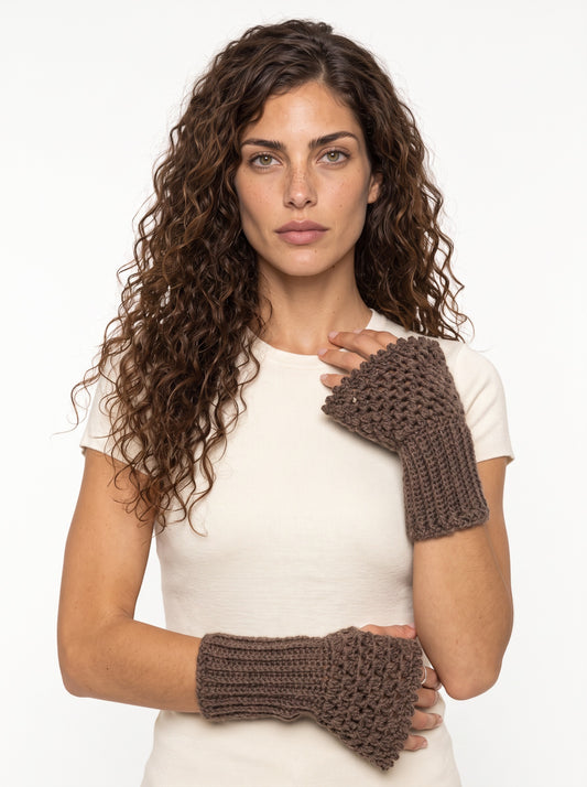 Koukla wearing KOUKLA Crochet Cuffs – Mocha Ruffle, handmade crochet by KOUKLA