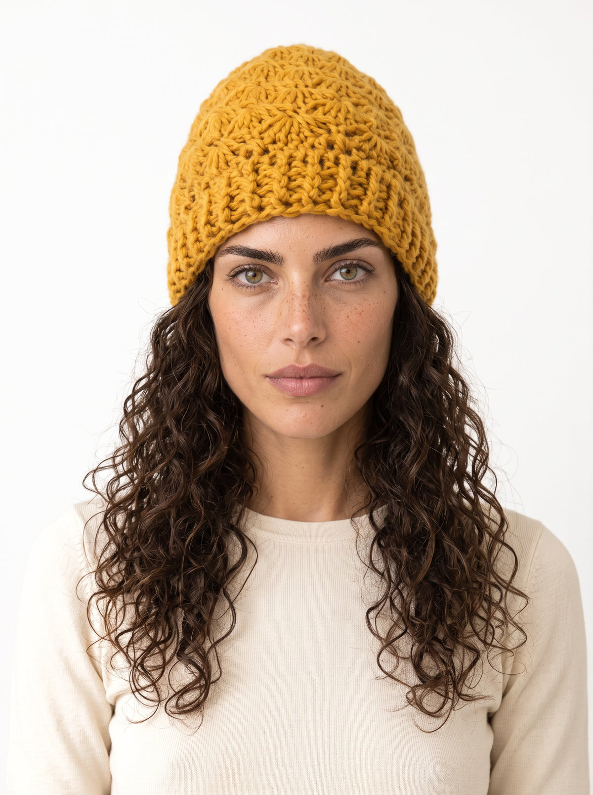 Koukla wearing the Mustard Toque, handmade crochet by KOUKLA