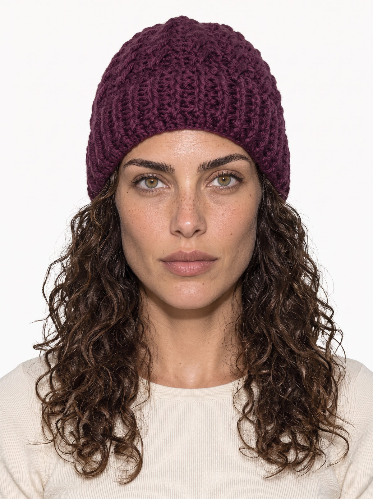 Koukla wearing the Burgundy Toque, handmade crochet by KOUKLA