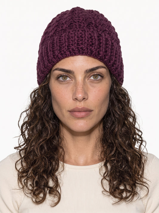 Koukla wearing the Burgundy Toque, handmade crochet by KOUKLA