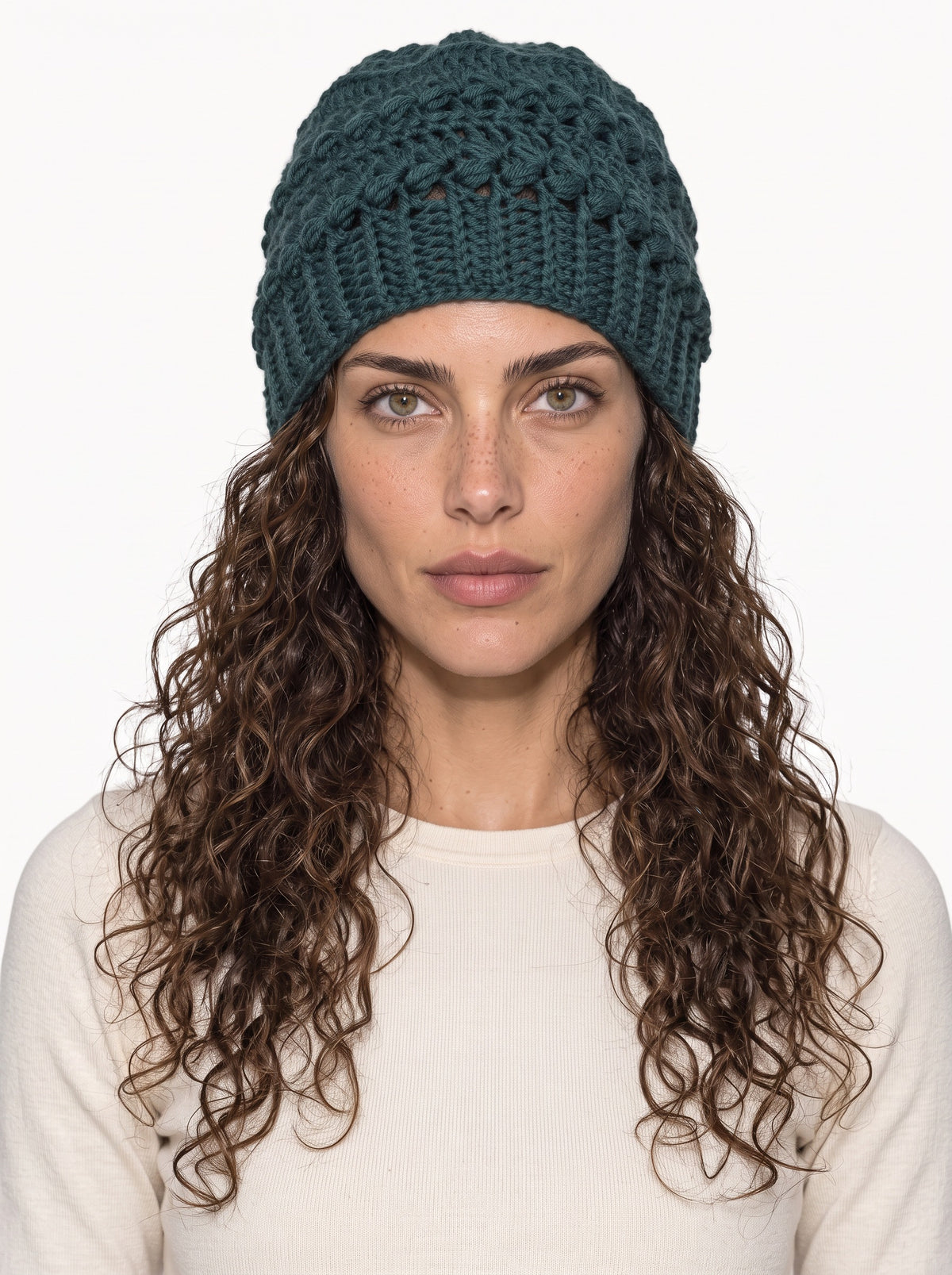 Koukla wearing the Forest Green Toque, handmade crochet by KOUKLA