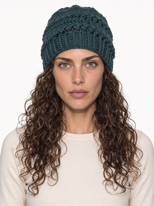 Koukla wearing the Forest Green Toque, handmade crochet by KOUKLA