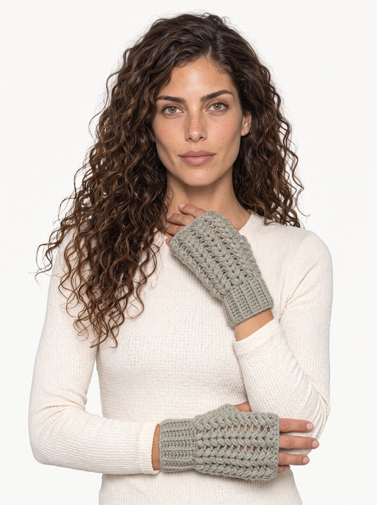 Koukla wearing the Fingerless Glove, handmade crochet by KOUKLA