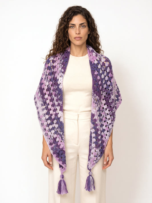 Koukla wearing the Chunky Shawl, handmade crochet by KOUKLA