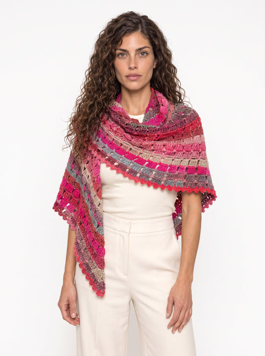 Koukla wearing the Valentino Pink Shawl, handmade crochet by KOUKLA