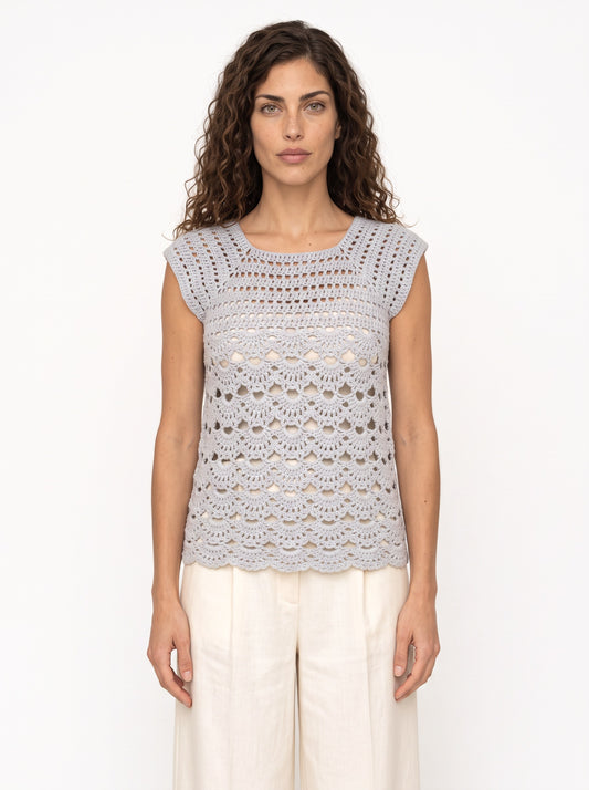Koukla wearing Grey Shells Top, handmade crochet by KOUKLA
