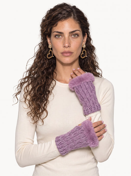 Koukla wearing the Faux Fur Fingerless Glove, handmade crochet by KOUKLA