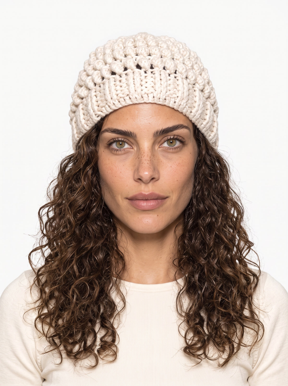 Koukla wearing the Creamsicle Toque, handmade crochet by KOUKLA