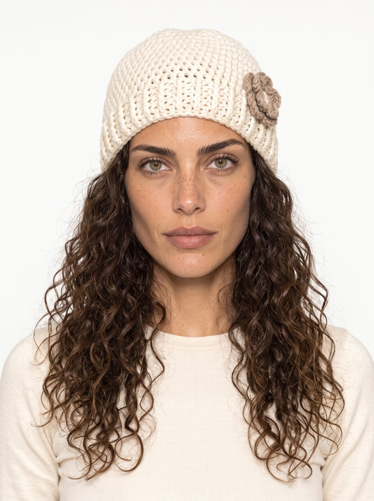 Koukla wearing Winter White Toque, handmade crochet by KOUKLA