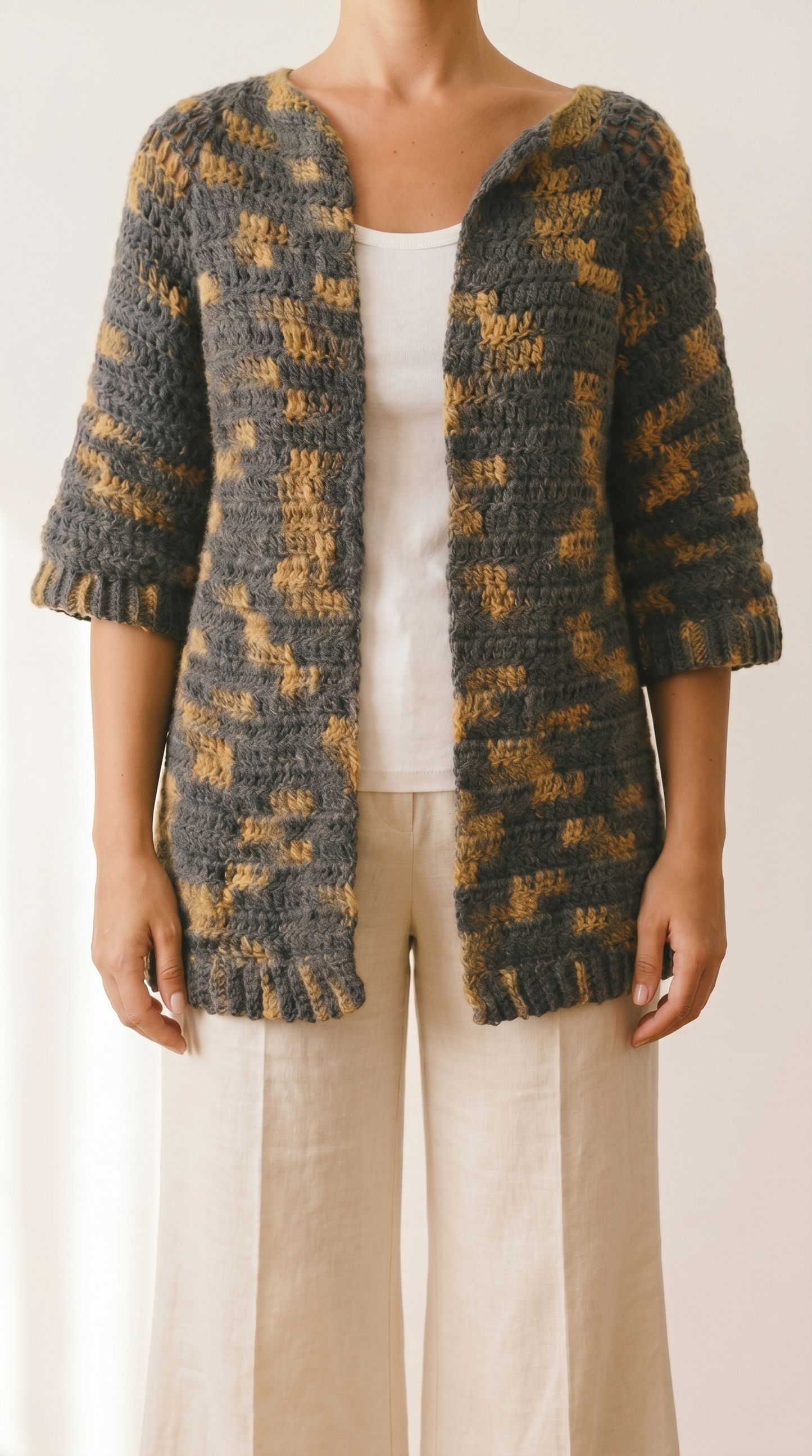 Grey Crochet Cardigan - Handmade Wool Blend