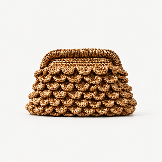 RHODES GOLD — Handmade Crochet Clutch handmade bag, full product view on off-white background
