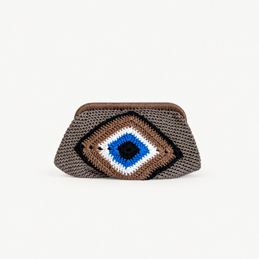 Eye See You Clutch handmade bag, full product view on off-white background