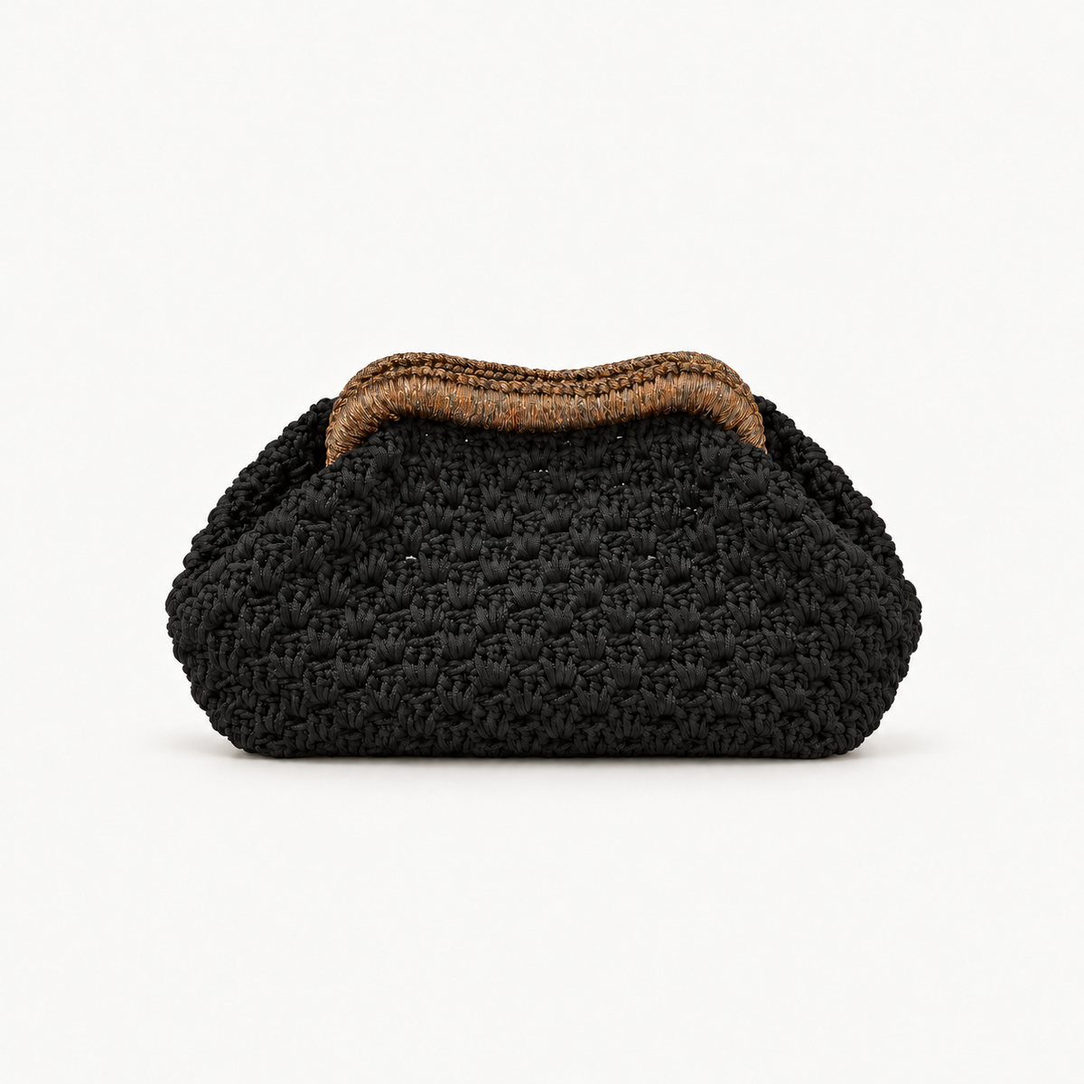 Mykonos noir crochet clutch on matching off-white studio background