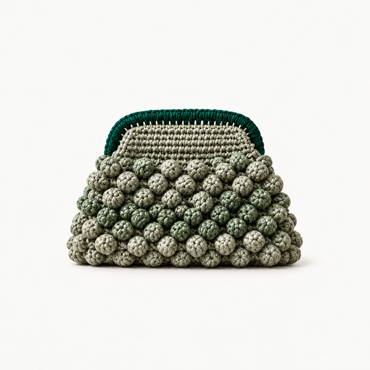 NAXOS OLIVE handmade crochet bobble clutch on off-white background