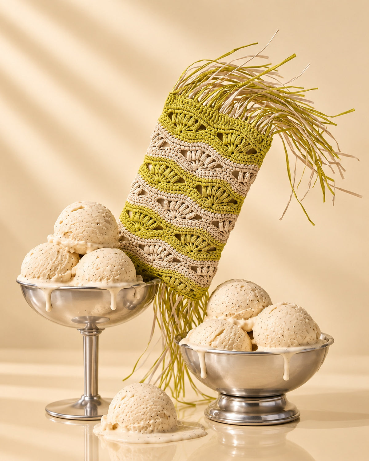 Detail of the Koukla SAGE crochet clutch in chartreuse with raffia fringe, held under the arm