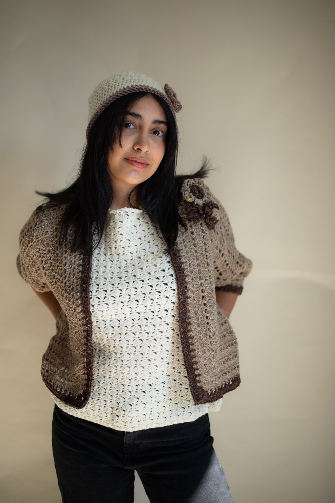 The Contrast Trim Cardigan with Crochet Flowers