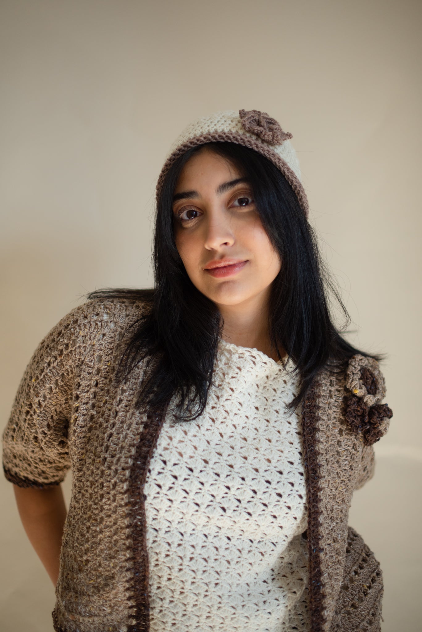 The Contrast Trim Cardigan with Crochet Flowers