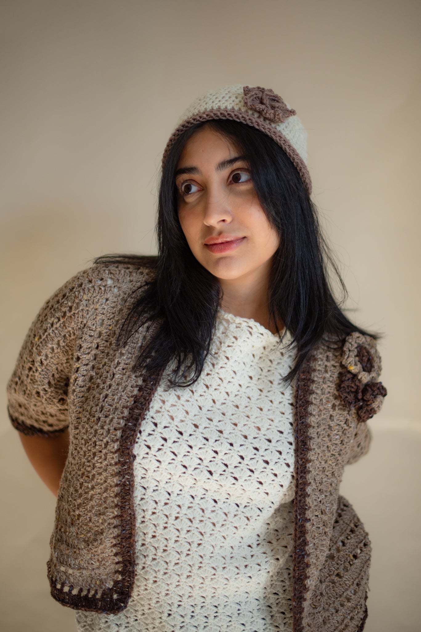 The Contrast Trim Cardigan with Crochet Flowers